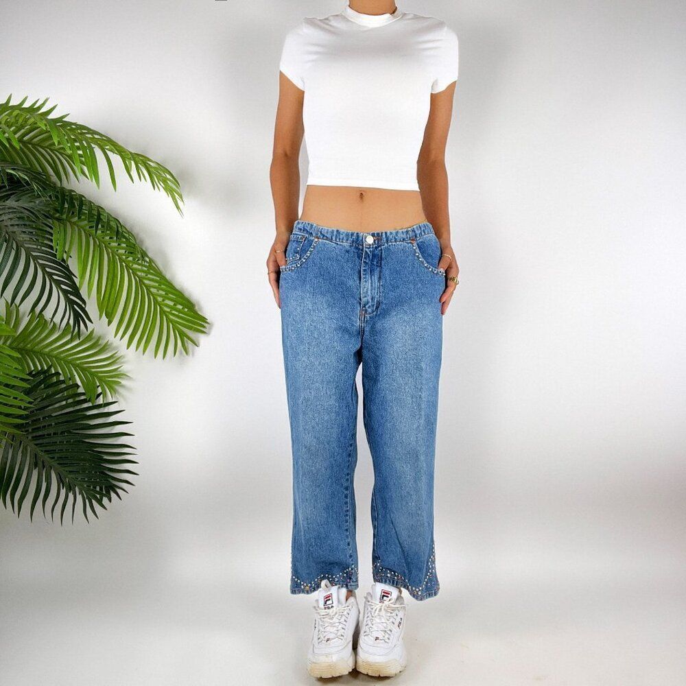 Vintage Y2K LA Blues Studded Embellished Straight Leg Capri Mid Wash Jeans / L